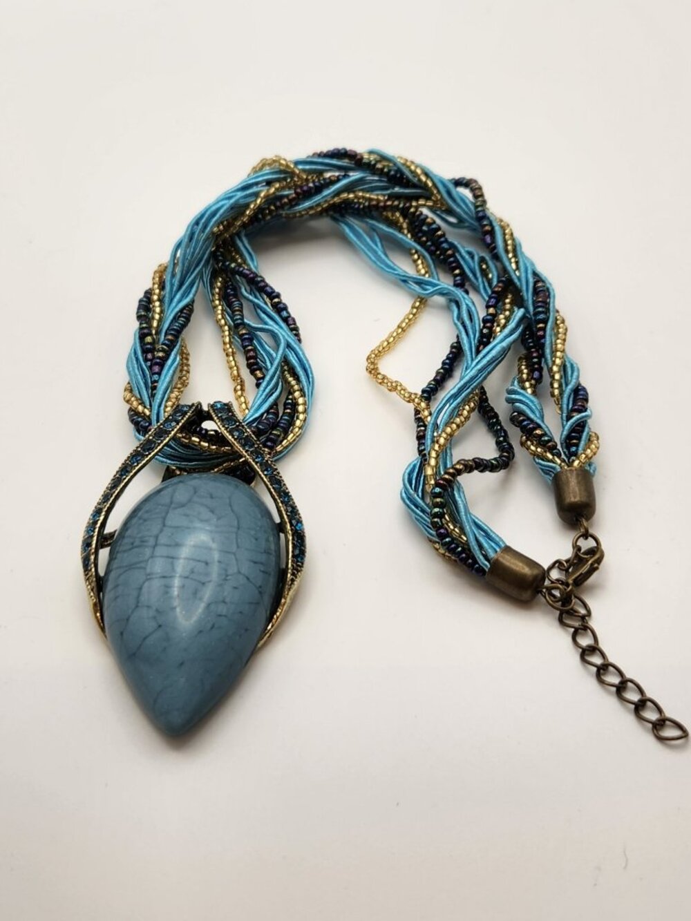 Stone pendant necklace with twist beaded cord gold tone colorful NEW - Picture 4 of 5